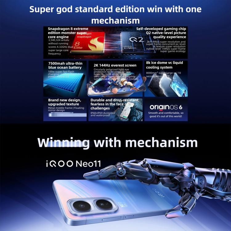 vivo iQOO Neo11, 12GB+256GB, Face ID / Screen Fingerprint Identification, 6.82 inch Android 16 OriginOS 6 Snapdragon 8 Elite Octa Core, OTG, NFC, Network: 5G, iQOO Neo11, 12GB+256GB