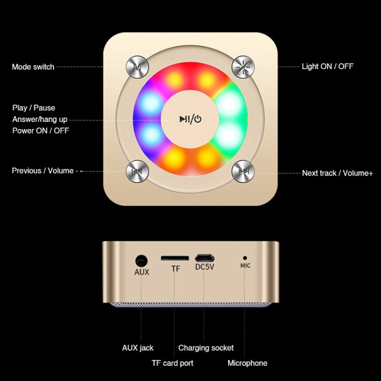 A9 Portable Bluetooth Stereo Speaker with Built-in MIC & Light, Support Hands-free Calls & TF Card & AUX IN, Bluetooth Distance: 10m, with Light(Rose Gold), with Light(Gold), with Light(Black)