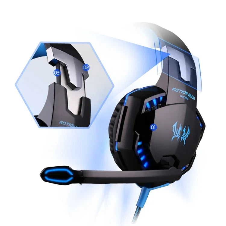 KOTION EACH G2000 Over-ear Game Gaming Headphone Headset Earphone Headband with Mic Stereo Bass LED Light for PC Gamer,Cable Length: About 2.2m(White + Red), G2000
