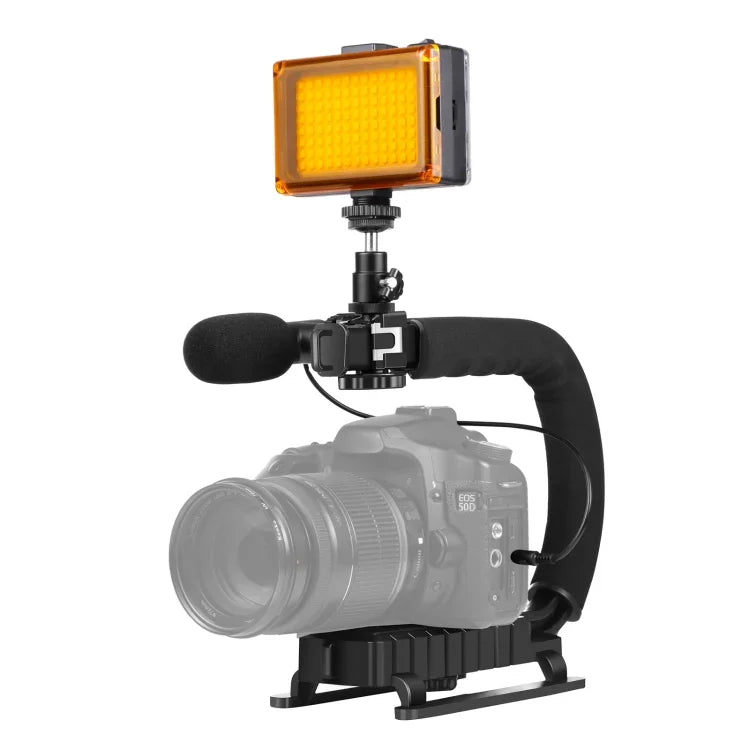 PULUZ U/C Shape Portable Handheld DV Bracket Stabilizer + LED Studio Light + Video Shotgun Microphone Kit with Cold Shoe Tripod Head  for All SLR Cameras and Home DV Camera, Bracket Kits + Mic + LED