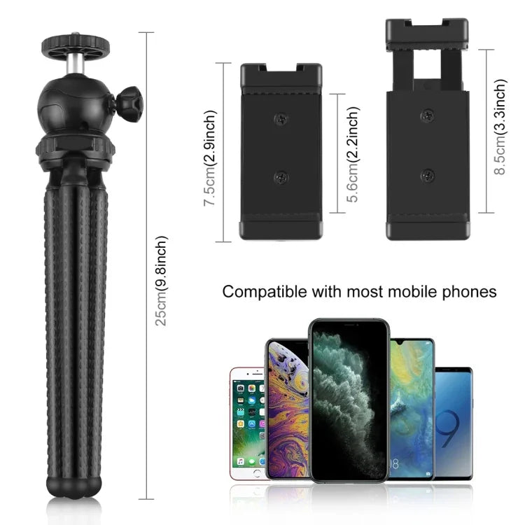 PULUZ Mini Octopus Flexible Tripod Holder with Ball Head & Phone Clamp + Tripod Mount Adapter & Long Screw for SLR Cameras, DJI, Insta360, GoPro and Other Action Cameras, Cellphone, Size: 25cmx4.5cm, 25cm Tripod + Phone Clamp