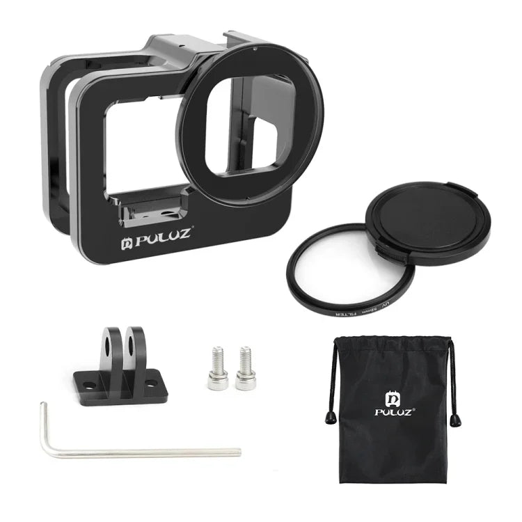 PULUZ for GoPro HERO13 Black /12 Black /11 Black /10 Black /9 Black Thicken Housing Shell CNC Aluminum Alloy Protective Cage with Insurance Frame & 52mm UV Lens, For GoPro HERO9 Black Thicken