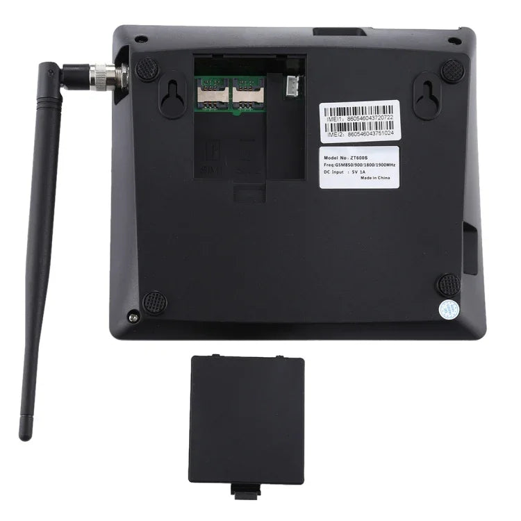 Back view of ZT600S fixed wireless GSM business phone showing SIM slots and antenna connection.