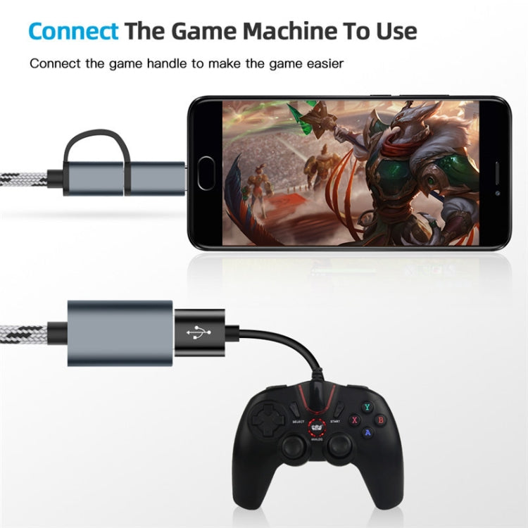 USB 3.0 Female to Micro USB + USB-C / Type-C Male Charging + Transmission OTG Nylon Braided Adapter Cable, Cable Length: 17cm, Micro USB 17cm Grey, Micro USB 17cm Gold