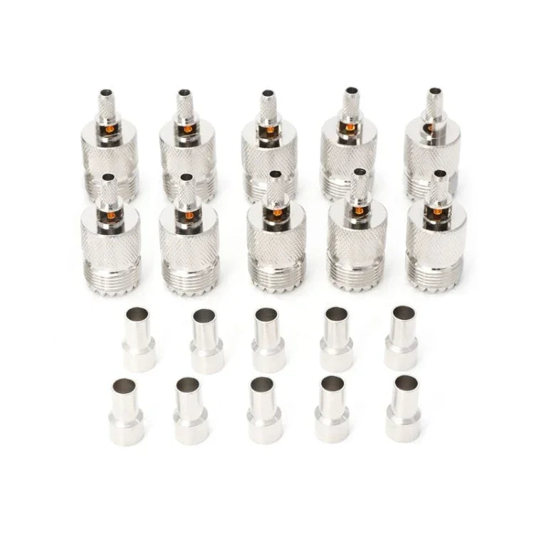 10 PCS UHF female jack coaxial adapter for RF connections and crimping, made of brass and nickel-plated materials.