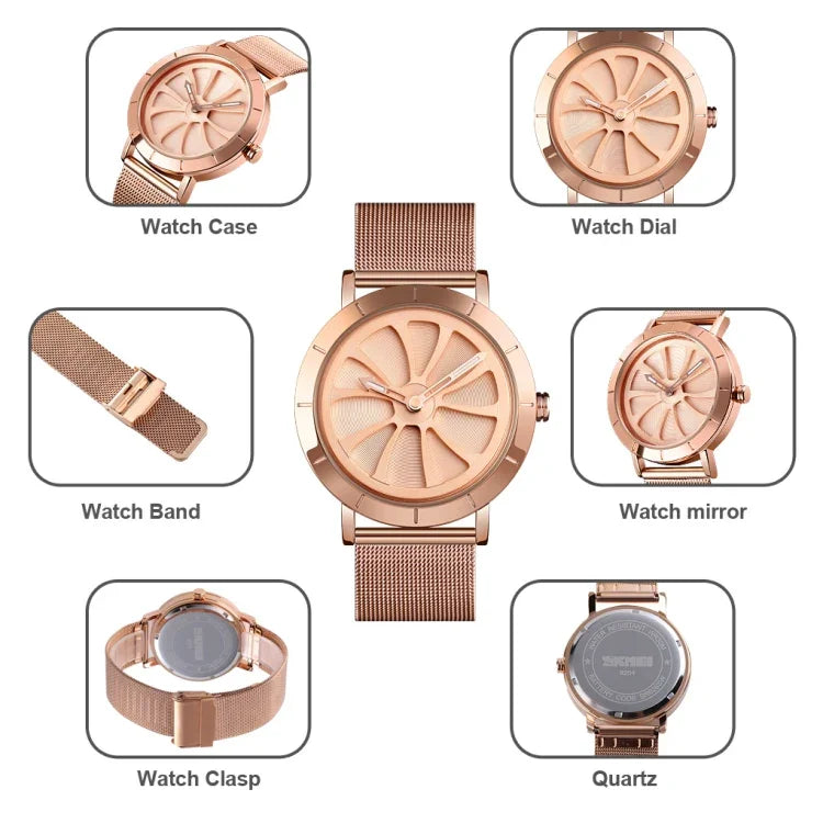 SKMEI 9204 Fashion Skeleton Rotating Dial Waterproof Business Mesh Belt Quartz Watch Men Watch