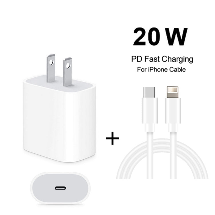 2 in 1 PD 20W Single USB-C / Type-C Port Travel Charger + 3A PD3.0 USB-C / Type-C to 8 Pin Fast Charge Data Cable Set, Cable Length: 1m, US Plug, 20W 1m
