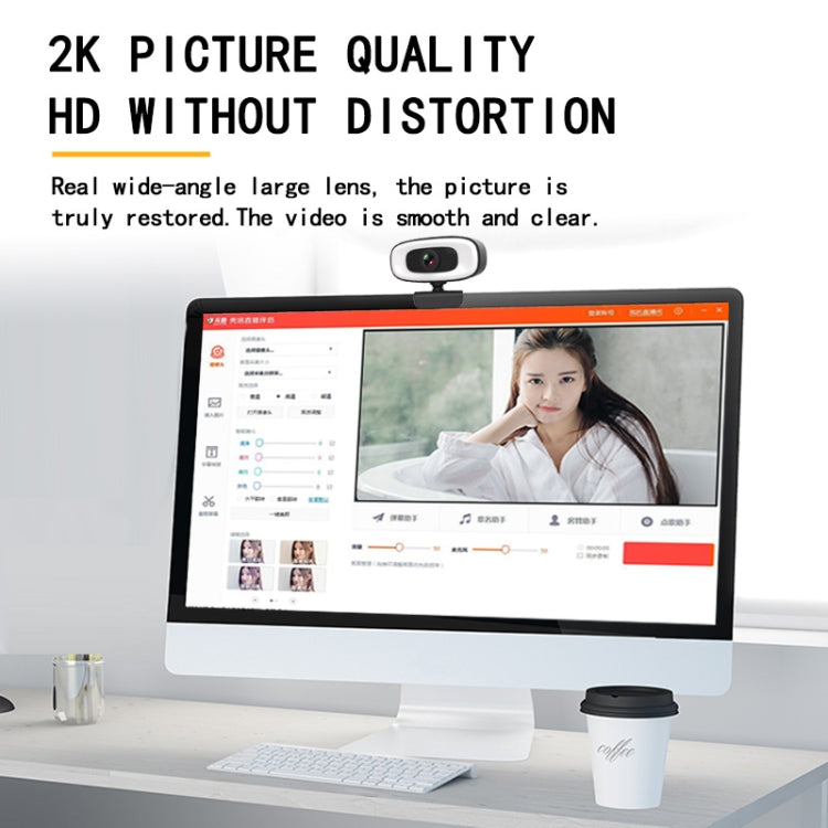 C10 2K HD Without Distortion 360 Degrees Rotate Three-speed Fill Light USB Free Drive Webcams, Built-in  Sound Clearer Microphone