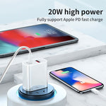 20W PD Type-C + QC 3.0 USB Interface Fast Charging Travel Charger with USB-C / Type-C to 8 Pin Fast Charge Data Cable, EU Plug, US Plug, AU Plug