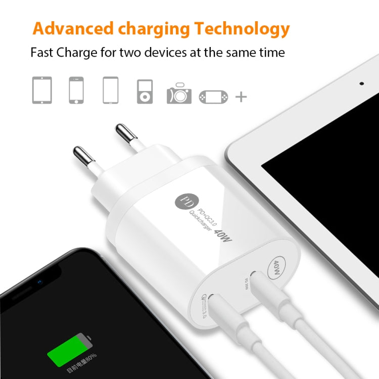 40W Dual Port PD / Type-C Fast Charger with Type-C to 8 Pin Data Cable, EU Plug, EU Plug + Type-C to 8 Pin Cable