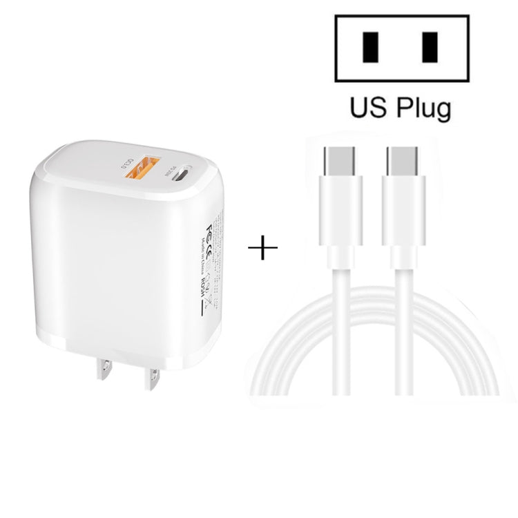 CS-20W Mini Portable PD3.0 + QC3.0 Dual Ports Fast Charger with 3A Type-C to Type-C  Data Cable, Charger + Type-C to Type-C Cable