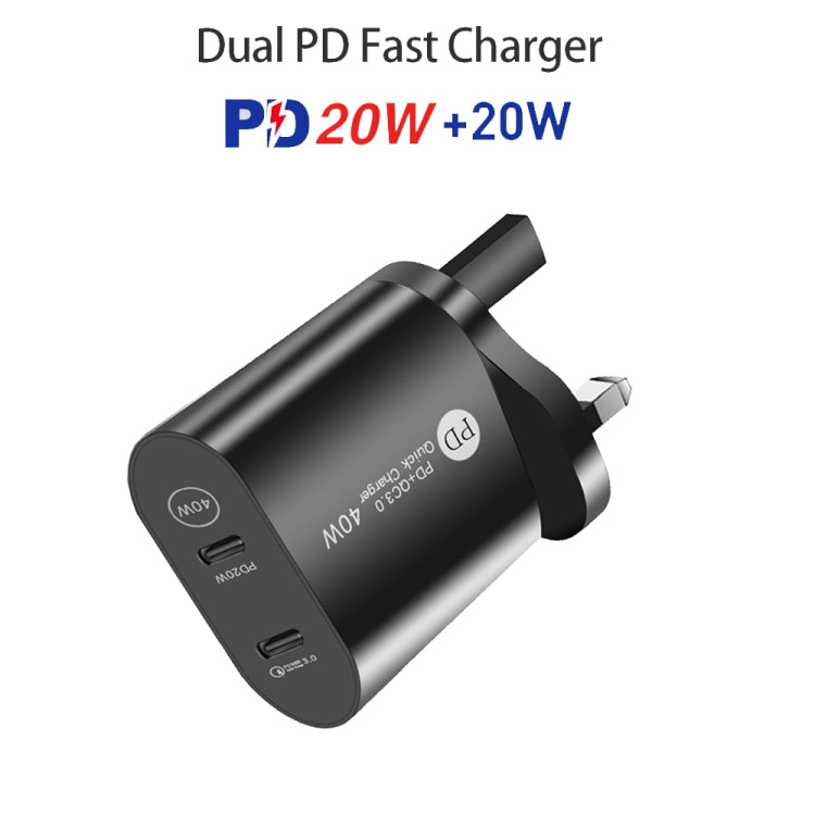 002 40W Dual Port PD / Type-C Fast Charger with USB-C to 8 Pin Data Cable, UK Plug, UK Plug + Type-C to 8 Pin Cable