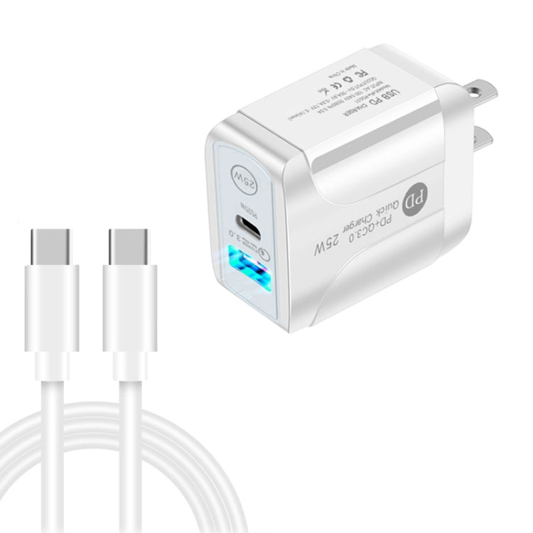 PD25W USB-C / Type-C + QC3.0 USB Dual Ports Fast Charger with USB-C to USB-C Data Cable, US Plug, US Plug + USB-C to USB-C Cable
