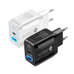 PD25W USB-C / Type-C + QC3.0 USB Dual Ports Fast Charger with USB-C to USB-C Data Cable, EU Plug, EU Plug + USB-C to USB-C Cable