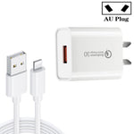 CA-25 QC3.0 USB 3A Fast Charger with USB to 8 Pin Data Cable, AU Plug, AU Plug + 8 Pin Cable