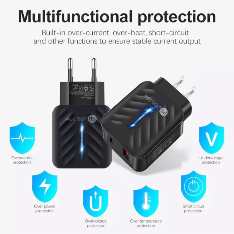 PD03 20W PD3.0 + QC3.0 USB Charger with Type-C to Type-C Data Cable, EU Plug, EU Plug + Type-C to Type-C Cable