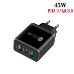 45W PD3.0 + 2 x QC3.0 USB Multi Port Charger with Type-C to 8 Pin Cable, EU Plug, EU Plug + Type-C to 8 Pin Cable