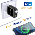 45W PD3.0 + 2 x QC3.0 USB Multi Port Charger with Type-C to 8 Pin Cable, EU Plug, EU Plug + Type-C to 8 Pin Cable