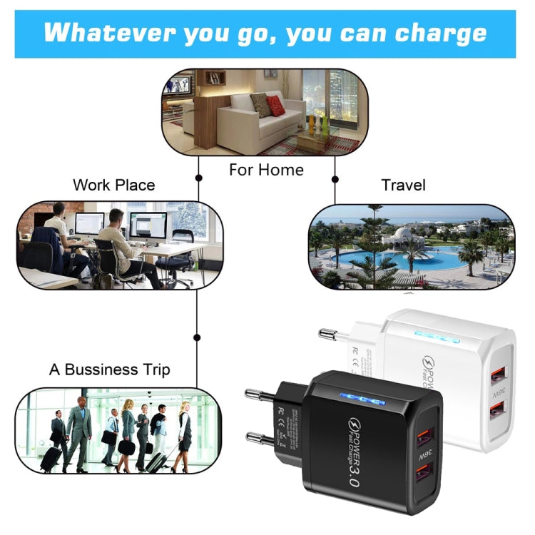 36W Dual Port QC3.0 USB Mobile Phone Charger Dual 18W Output, EU Plug, EU Plug