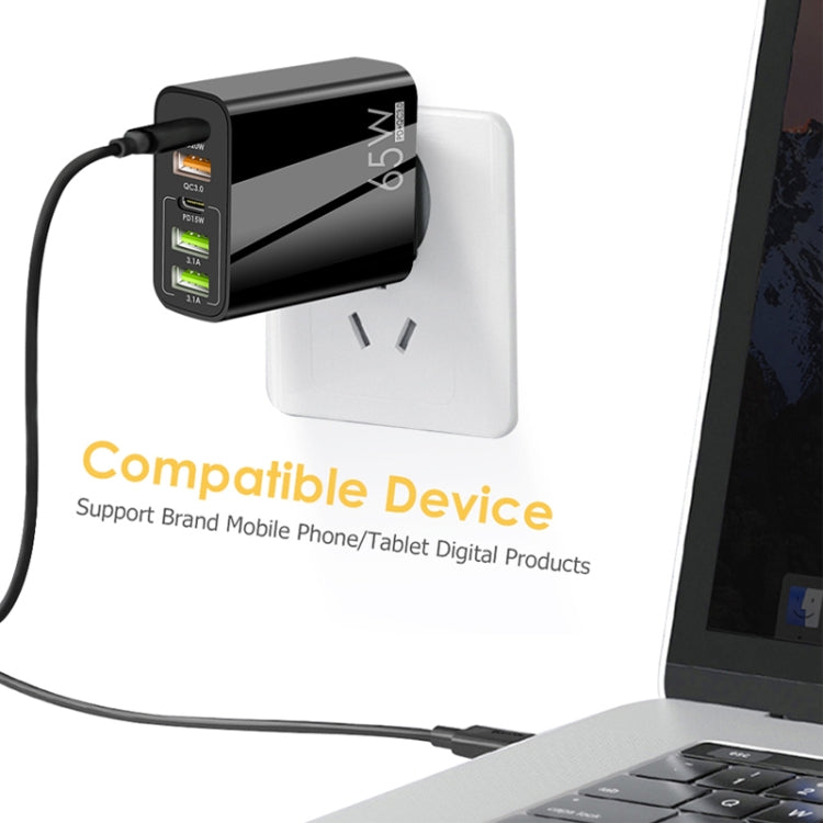 65W Dual PD Type-C + 3 x USB Multi Port Charger with 3A Type-C to Type-C Data Cable, US Plug, EU Plug + Type-C to Type-C Cable