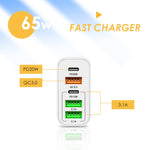 65W Dual PD Type-C + 3 x USB Multi Port Charger with 3A USB to Type-C Data Cable, UK Plug, UK Plug + USB to Type-C Cable