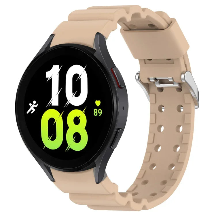 silicone watch band for Samsung Galaxy Watch, showcasing a sleek design in beige with vibrant green display.