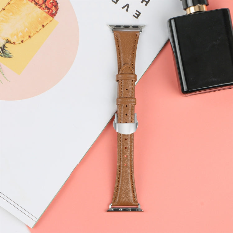 Plain Leather Butterfly Buckle Watch Band, For Apple Watch SE 2023 44mm, For Apple Watch SE 2023 40mm, For Apple Watch Ultra 2 49mm, For Apple Watch Series 9 45mm