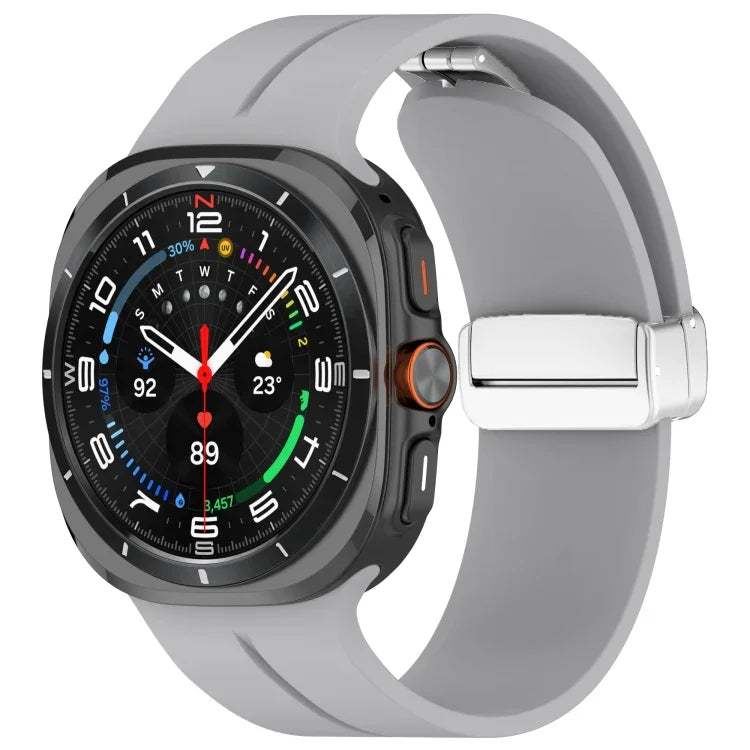 For Samsung Galaxy Watch Ultra 47mm / Ultra 2025 Groove Magnetic Folding Silver Buckle Silicone Watch Band