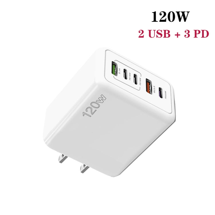 120W PD3.0 3 Type-C 2 USB Multi Port Quick Charger with Type-C to Type-C Cable, US Plug, US Plug + C to C Cable