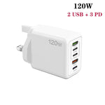 120W PD3.0 3 Type-C 2 USB Multi Port Quick Charger with Type-C to Type-C Cable, UK Plug, UK Plug + C to C Cable