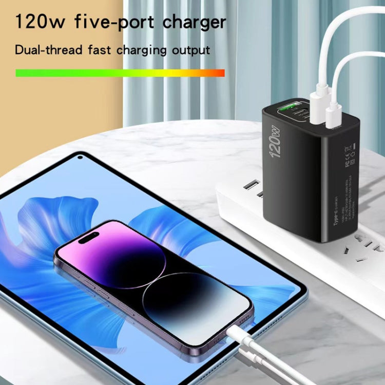 120W PD3.0 3 Type-C 2 USB Multi Port Quick Charger with Type-C to Type-C Cable, UK Plug, UK Plug + C to C Cable