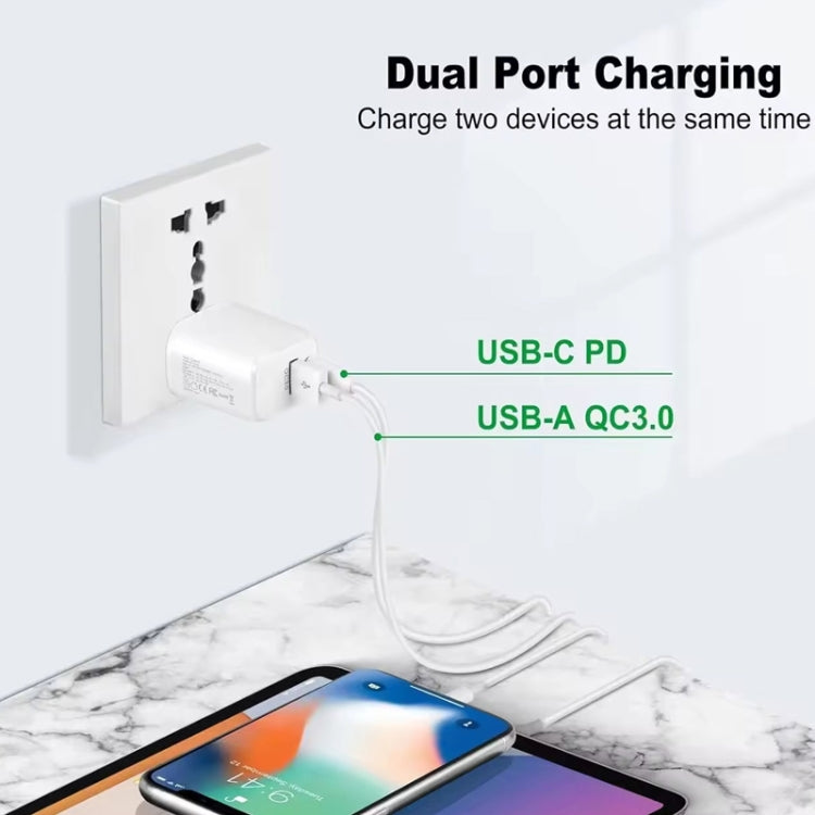 PD31 30W USB-C / Type-C + USB-A Charger with Type-C+8 Pin 2-in-1 Data Cable, EU Plug, EU Plug +  2-in-1 Data Cable