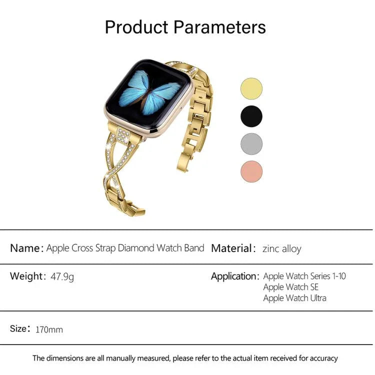 Crossed Diamond Zinc Alloy Watch Band, For Apple Watch 46mm / 49mm / 45mm / 44mm, For Apple Watch 42mm / 41mm / 40mm / 38mm