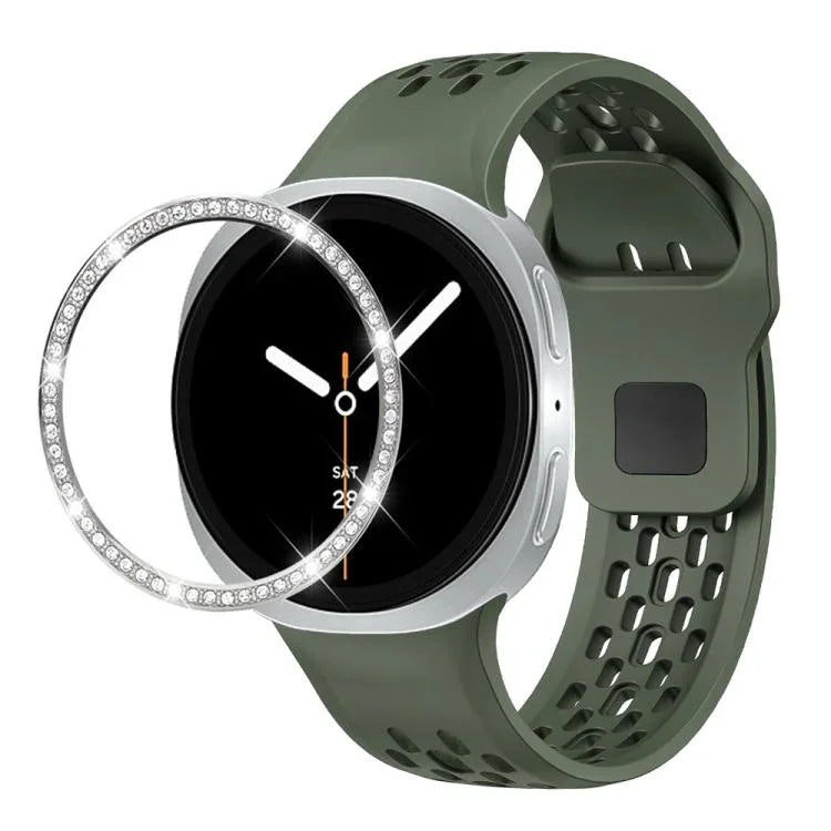 Diamond Bezel and Black Reverse Buckle Silicone Watch Band, For Samsung Galaxy Watch8 44mm, For Samsung Galaxy Watch8 40mm