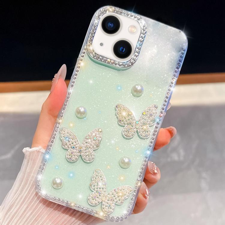 Diamond Glitter Pearl Butterfly Four-Corner Shockproof Phone Case, For iPhone 13