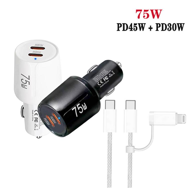 TE-P66 75W Type-C x 2 Dual-Port Fast Charging Car Charger with Type-C to Type-C / 8-Pin Data Cable, TE-P66 with Cable
