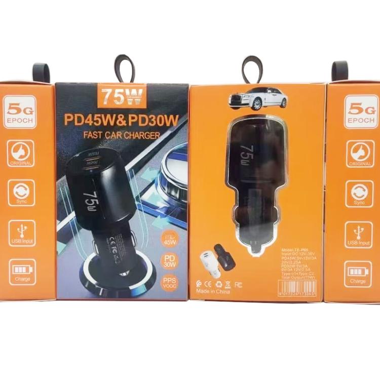 TE-P66 75W Type-C x 2 Dual-Port Fast Charging Car Charger with Type-C to Type-C / 8-Pin Data Cable, TE-P66 with Cable