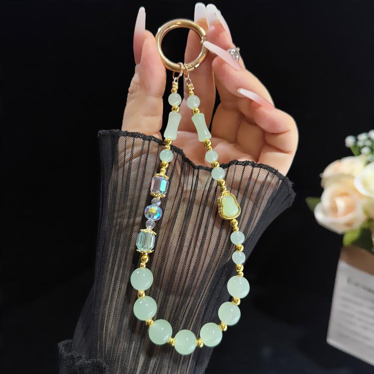 Elegant Gourd Bamboo Jade Beaded Phone Chain, Pink, White, Green