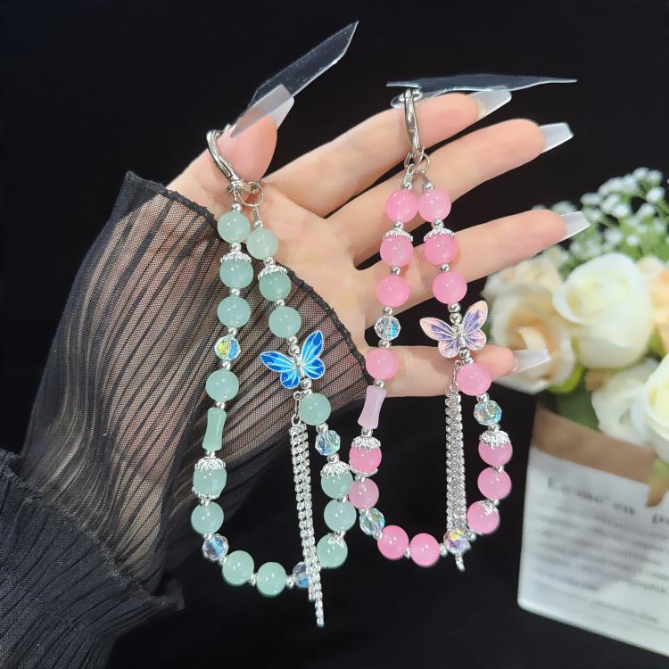 Pearl and Butterfly Drill Cotton Bracelet, Pink, Green