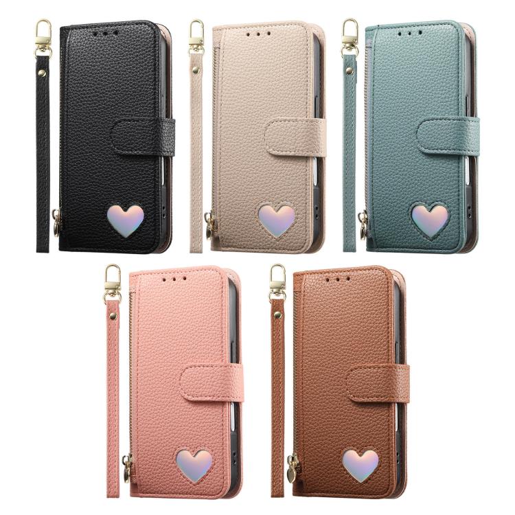 Fantasy Love Heart Zipper Wallet Vegan Leather Phone Case with Strap, For iPhone 13