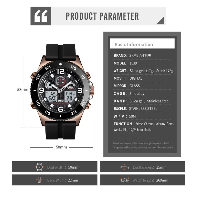 SKMEI 1538 Multi-Function Time Large Dial Steel Belt Men  Casual Sports Electronic Watch