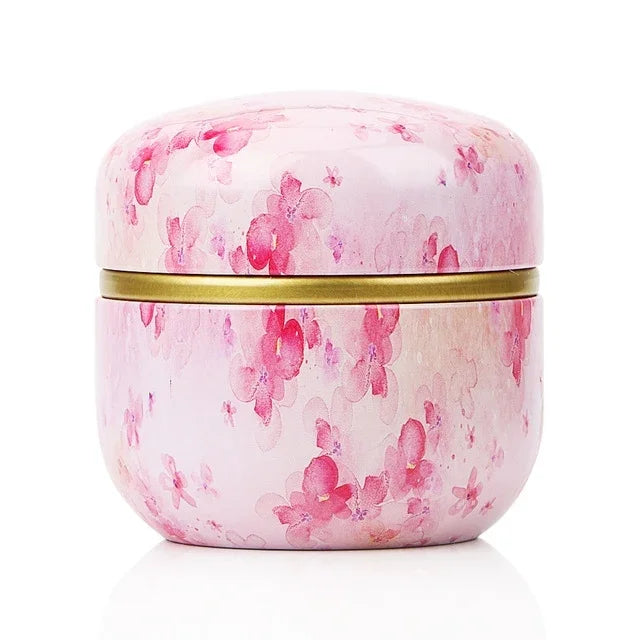 HOOMIN Tea Box Tea Jar Storage Holder Tea Caddies Matcha Container Mini Coffee Powder Organizer Cans Multifunction Round Metal, Cherry color, Moshan blossom