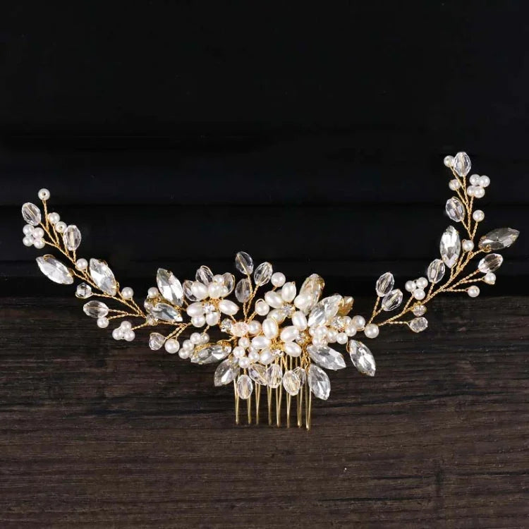 Golden Pearl Headband Tiaras Crystal Rhinestone Bridal Hair Combs Headpiece, Golden Pearl