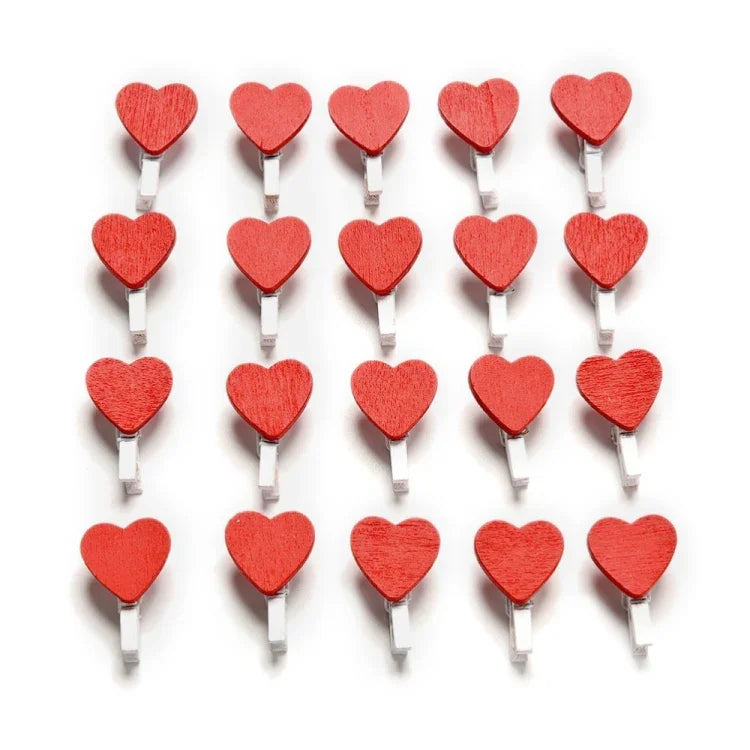 50 PCS Mini Red Heart Love Wooden Photo Paper Peg Pin Clothespin Craft Postcard Clips, Postcard Clips