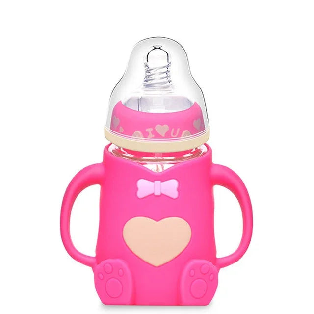 Baby Silicone Glass Bottles Drop-proof and Flatulence-proof Glass Baby Bottle
