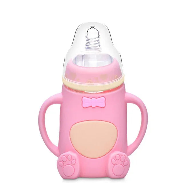 Baby Silicone Glass Bottles Drop-proof and Flatulence-proof Glass Baby Bottle