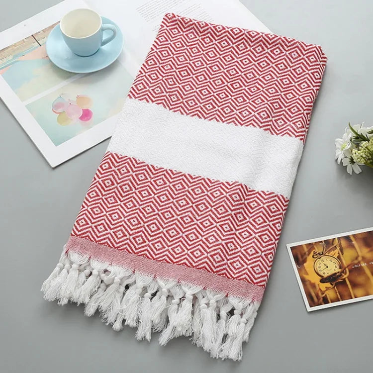 Striped Cotton Bath Towel With Tassels Thin Travel Camping Bath Sauna Beach Gym Pool Blanket Absorbent Easy Care