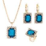 Square Crystal Necklace Earrings Ring For Women Jewelry Sets, Red, Green, Black, White, Royal Blue, Lake Blue