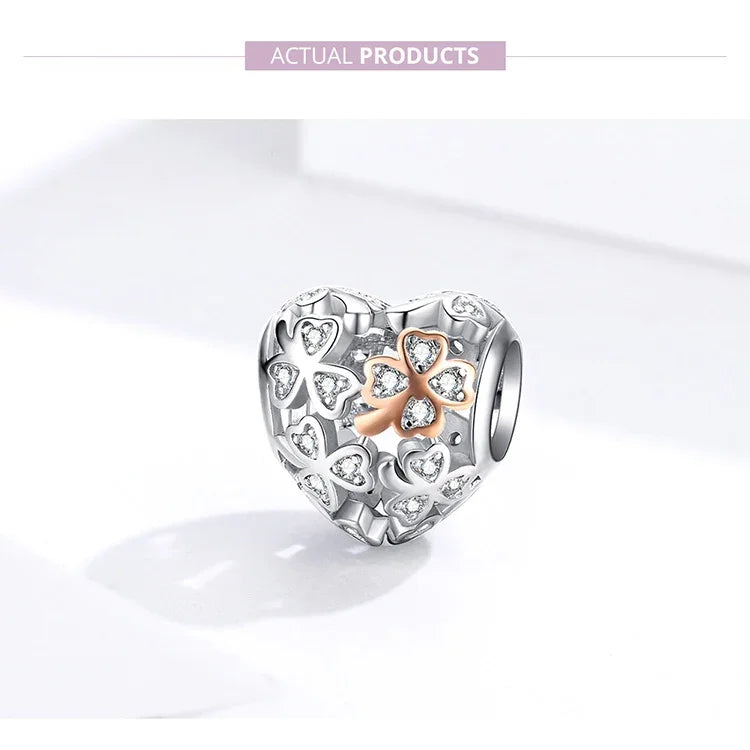 925 Sterling Silver Heart-shaped Beaded Hollow Four-leaf Clover DIY Bracelet Accessories, SCC1248