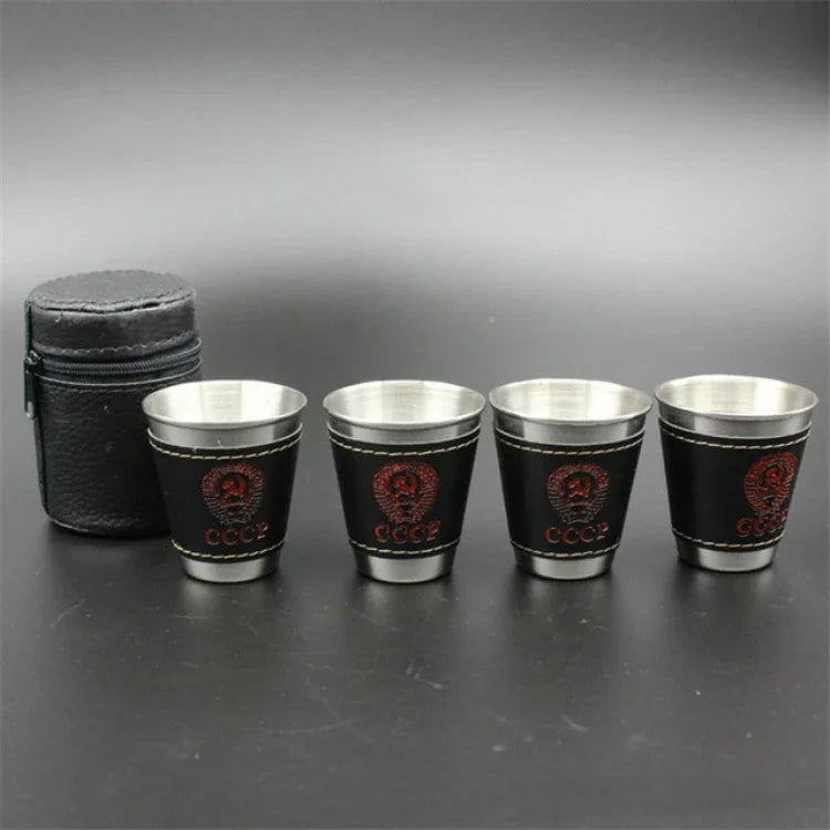 4 in 1 70ml Outdoor Camping Tableware Travel Cups Set Picnic Supplies Stainless Steel Wine Beer Cup Whiskey Mugs PU Leather